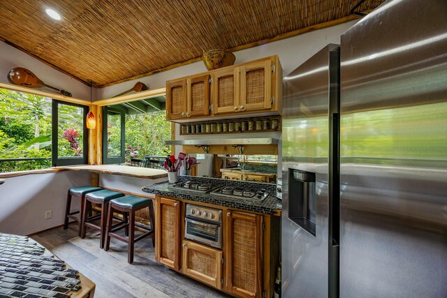 14-3401 Pakalana Rd, Pahoa, HI 96778 - kitchen with stainless steel appliances, wood ceiling, lofted ceiling, light wood-style floors, and dark countertops
