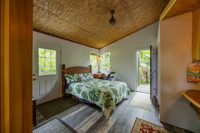 14-3401 Pakalana Rd, Pahoa, HI 96778 - bedroom with multiple windows, vaulted ceiling, wood ceiling, wood finished floors, and access to outside