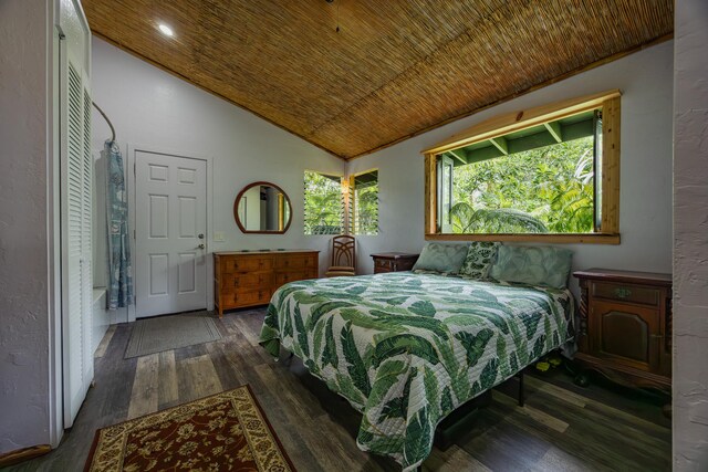 14-3401 Pakalana Rd, Pahoa, HI 96778 - bedroom with wooden ceiling, wood finished floors, recessed lighting, and high vaulted ceiling