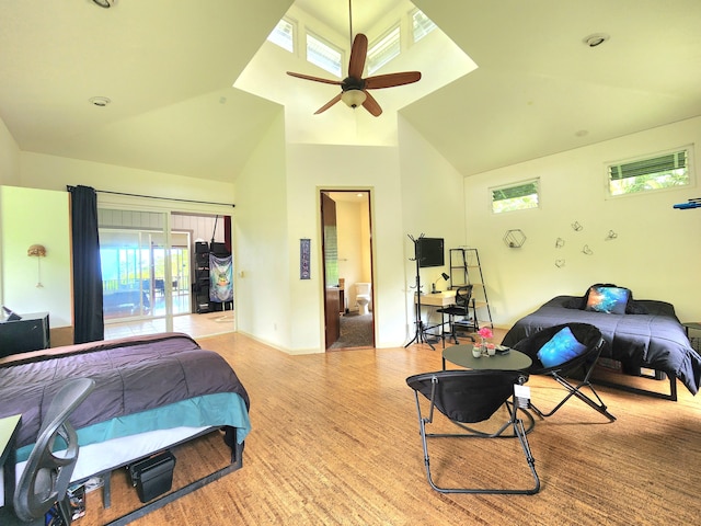 13-831 Malama St, Pahoa, HI 96778 - bedroom with high vaulted ceiling, wood finished floors, and a ceiling fan
