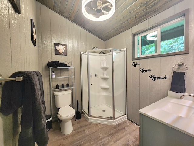 13-831 Malama St, Pahoa, HI 96778 - full bath with wood finished floors, a stall shower, wooden ceiling, vanity, and vaulted ceiling