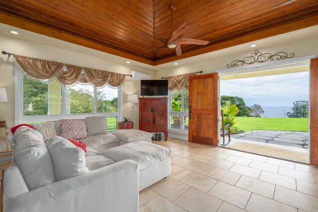 48-5319 Kukuihaele Rd, Honokaa, HI 96727 - living area featuring a ceiling fan, wooden ceiling, a tray ceiling, light tile patterned floors, and recessed lighting