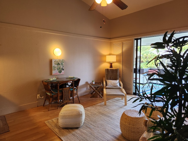 400 Hualani St Unit 5342, Hilo, HI 96720 - sitting room with a ceiling fan, high vaulted ceiling, and wood finished floors