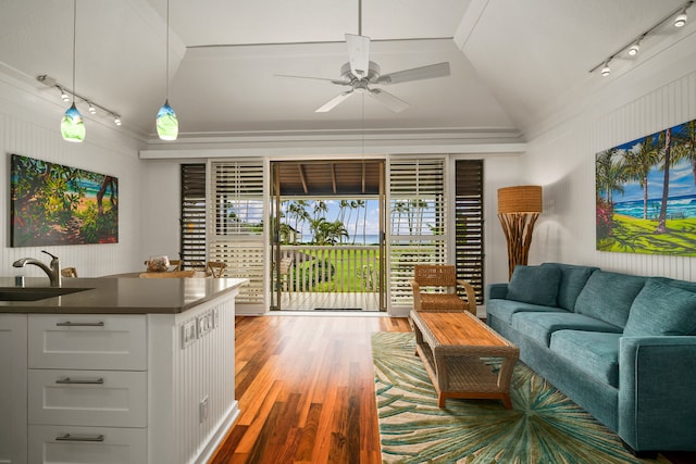 2253 Poipu Rd Unit 162, Koloa, HI 96756 - living room with rail lighting, lofted ceiling, wood finished floors, and a ceiling fan