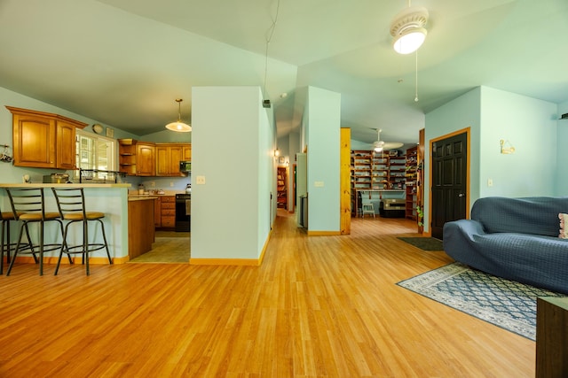 13-3477 Alapai St, Pahoa, HI 96778 - living room with light wood finished floors, lofted ceiling, ceiling fan, and baseboards