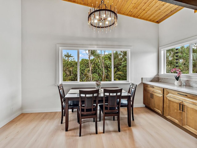 15-2792 Opae St, Pahoa, HI 96778 - dining area featuring wood ceiling, light wood-style floors, a chandelier, baseboards, and lofted ceiling