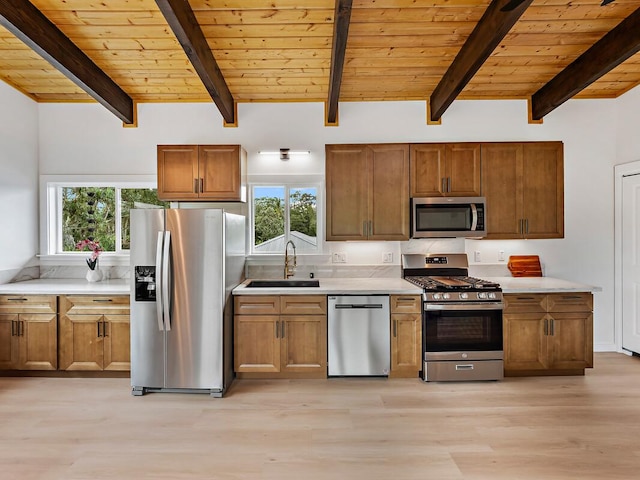 15-2792 Opae St, Pahoa, HI 96778 - kitchen featuring stainless steel appliances, a sink, wood ceiling with exposed beams, light wood-style floors, and light countertops