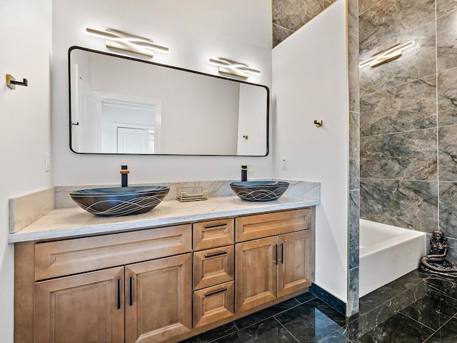 15-2792 Opae St, Pahoa, HI 96778 - full bathroom with marble look tile flooring, double vanity, and  shower combination
