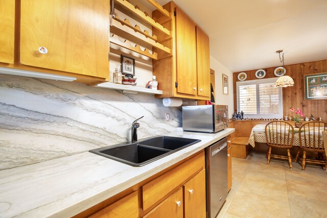 68-1853 W Kaupapa Pl, Waikoloa, HI 96738 - kitchen with appliances with stainless steel finishes, a sink, open shelves, light countertops, and wooden walls