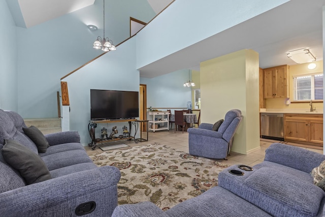 15-1948 12th Ave, Keaau, HI 96749 - living room featuring a chandelier, light tile patterned flooring, and a towering ceiling