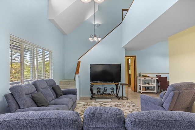 15-1948 12th Ave, Keaau, HI 96749 - tiled living area with a chandelier, a towering ceiling, and baseboards