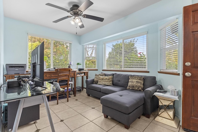 15-1948 12th Ave, Keaau, HI 96749 - living area featuring an office area, ceiling fan, and light tile patterned floors