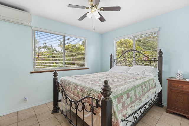 15-1948 12th Ave, Keaau, HI 96749 - bedroom featuring a wall mounted air conditioner, light tile patterned floors, baseboards, and ceiling fan