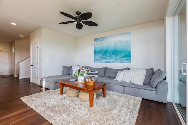 2611 Kiahuna Plantation Dr Unit 4G, Koloa, HI 96756 - living room with dark wood-style floors, a ceiling fan, recessed lighting, stairway, and baseboards
