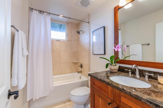 2611 Kiahuna Plantation Dr Unit 4G, Koloa, HI 96756 - bathroom featuring vanity, shower / bathtub combination with curtain, toilet, and tile patterned flooring
