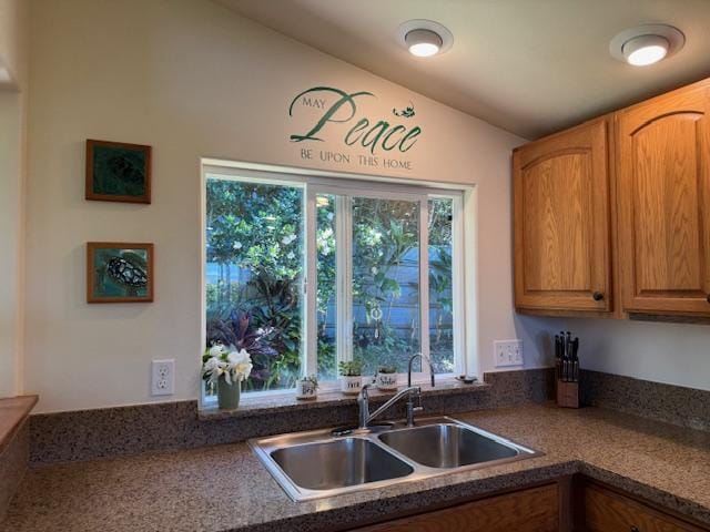 48-5441 Kukuihaele Rd, Honokaa, HI 96727 - kitchen with lofted ceiling, brown cabinets, and dark countertops