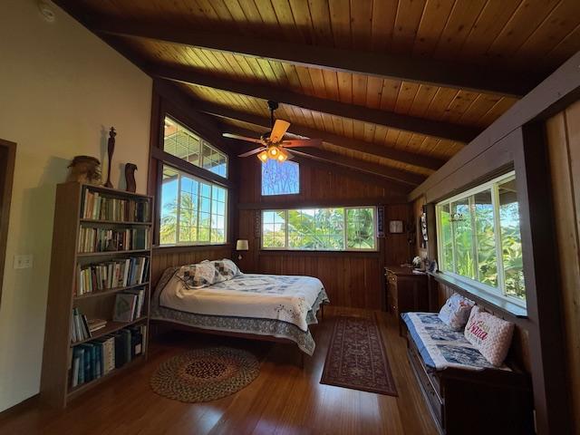 48-5441 Kukuihaele Rd, Honokaa, HI 96727 - bedroom featuring wood ceiling, wood finished floors, and wooden walls