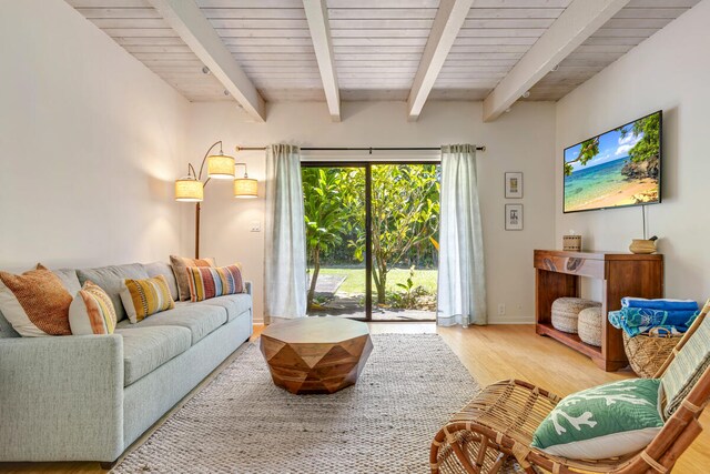 4160 Kalani Pl, Princeville, HI 96722 - living room featuring light wood-type flooring and wood ceiling with exposed beams
