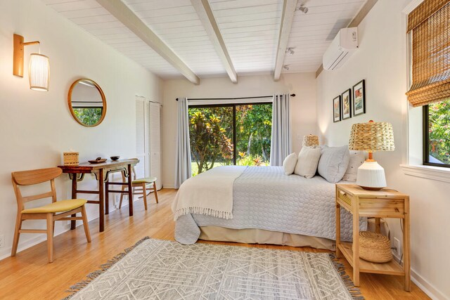 4160 Kalani Pl, Princeville, HI 96722 - bedroom with a wall mounted AC, light wood-style floors, multiple windows, wood ceiling with exposed beams, and baseboards