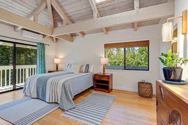 4160 Kalani Pl, Princeville, HI 96722 - bedroom featuring access to exterior, a wall mounted AC, wooden ceiling, wood finished floors, and baseboards