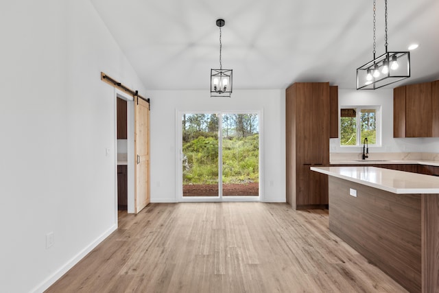 16-2071 Kuhio Dr, Pahoa, HI 96778 - unfurnished dining area featuring a barn door, a sink, light wood finished floors, and baseboards