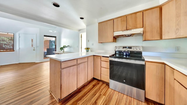 4740 Lae Rd, Kalaheo, HI 96741 - kitchen with stainless steel range with electric cooktop, under cabinet range hood, a peninsula, light wood-type flooring, and light countertops