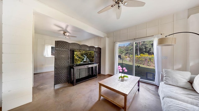 4740 Lae Rd, Kalaheo, HI 96741 - living area featuring a ceiling fan, concrete flooring, and beam ceiling