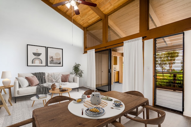 68-3840 Lua Kula St Unit D201, Waikoloa, HI 96738 - dining area featuring high vaulted ceiling, wood ceiling with exposed beams, ceiling fan, and baseboards