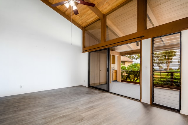 68-3840 Lua Kula St Unit D201, Waikoloa, HI 96738 - unfurnished room featuring high vaulted ceiling, ceiling fan, wooden ceiling with exposed beams, and wood finished floors