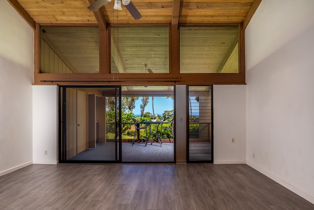 68-3840 Lua Kula St Unit D201, Waikoloa, HI 96738 - unfurnished room featuring wood ceiling with exposed beams, a ceiling fan, wood finished floors, baseboards, and high vaulted ceiling