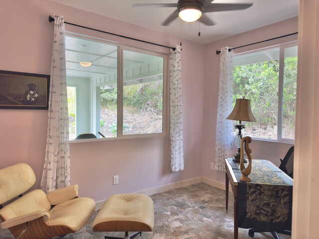 94-5763 Awa Pae Pl, Naalehu, HI 96772 - living area featuring ceiling fan, baseboards, and stone finish floors