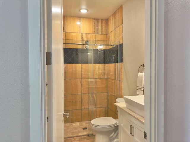 94-5763 Awa Pae Pl, Naalehu, HI 96772 - bathroom with vanity, a shower stall, toilet, and a textured wall