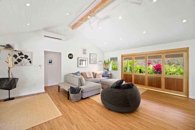 2-3161 Kaumualii Hwy Unit 2, Kalaheo, HI 96741 - living area with a wall unit AC, light wood-type flooring, ceiling fan, beam ceiling, and recessed lighting