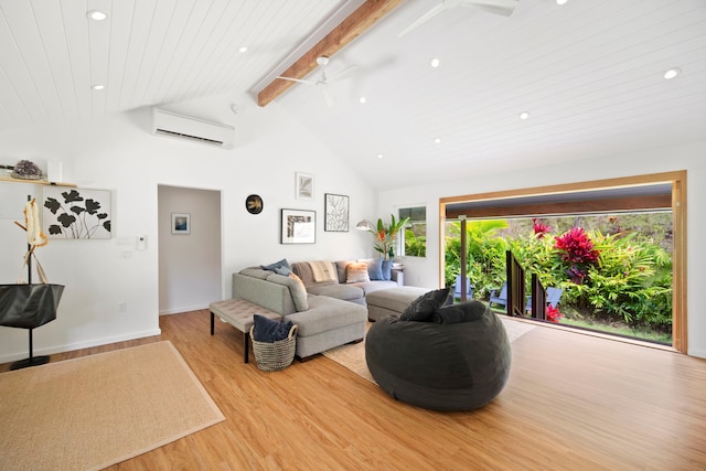 2-3161 Kaumualii Hwy Unit 2, Kalaheo, HI 96741 - living room with an AC wall unit, a ceiling fan, light wood-type flooring, beamed ceiling, and high vaulted ceiling