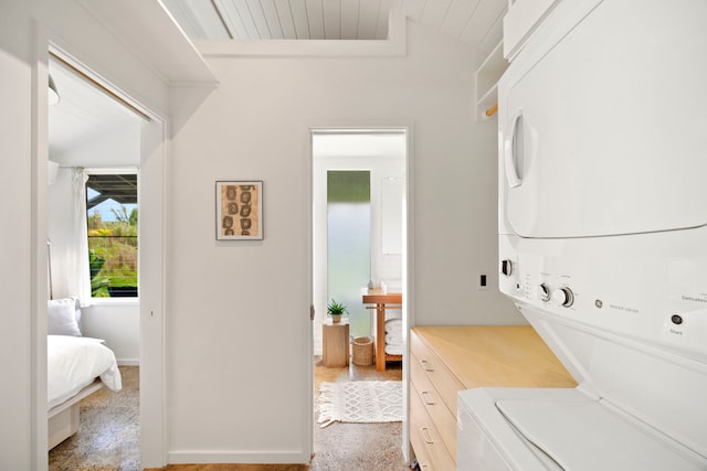 2-3161 Kaumualii Hwy Unit 2, Kalaheo, HI 96741 - laundry area with stacked washer / drying machine and wooden ceiling