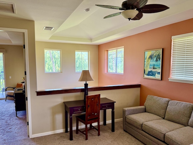 68-180 Waikoloa Beach Dr Unit P4, Waikoloa, HI 96738 - office area featuring a raised ceiling, carpet, a ceiling fan, and baseboards