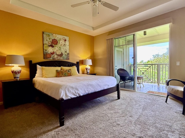 68-180 Waikoloa Beach Dr Unit P4, Waikoloa, HI 96738 - carpeted bedroom featuring access to outside, a tray ceiling, and ceiling fan