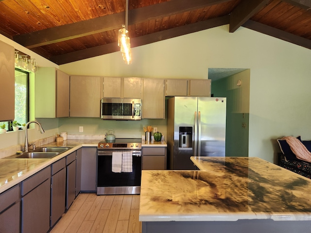 15-2687 Kaku St, Pahoa, HI 96778 - kitchen with appliances with stainless steel finishes, a sink, wood ceiling, light wood finished floors, and light countertops