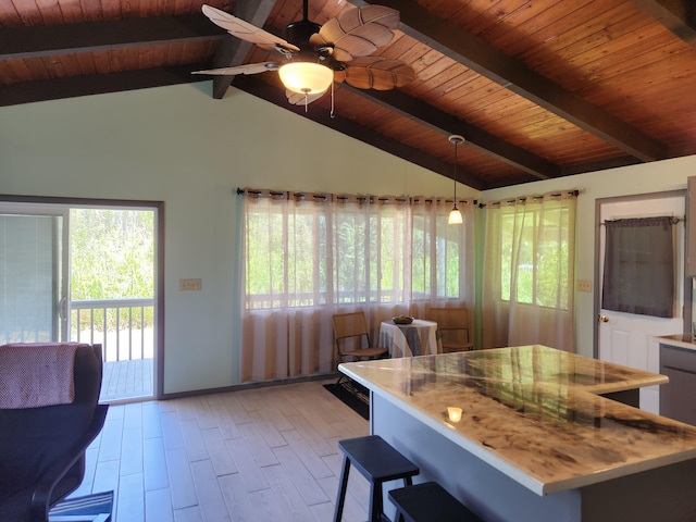 15-2687 Kaku St, Pahoa, HI 96778 - kitchen featuring wood ceiling, hanging light fixtures, a breakfast bar, a ceiling fan, and a center island