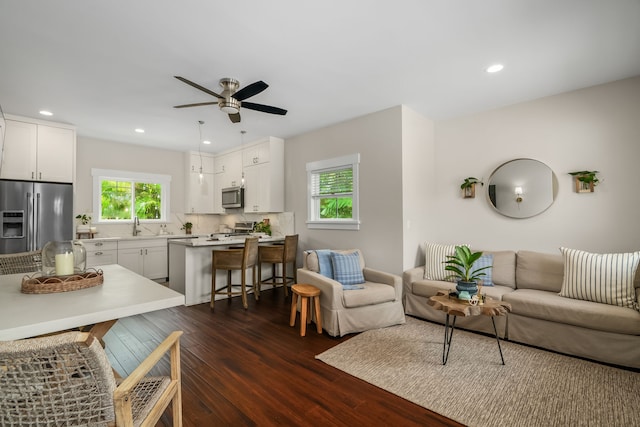 5413 Nakoa St, Koloa, HI 96756 - living area featuring ceiling fan, dark wood-style flooring, and recessed lighting