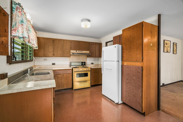 2492 Kino Rd, Kalaheo, HI 96741 - kitchen with white appliances, ventilation hood, a sink, light countertops, and brown cabinets