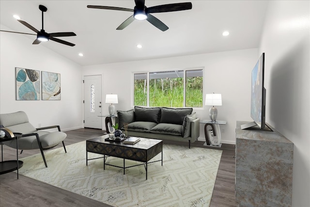 15-2780 Heepali St, Pahoa, HI 96778 - living room with a ceiling fan, baseboards, wood finished floors, vaulted ceiling, and recessed lighting