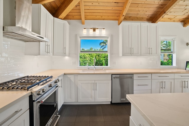 5-7084 Kuhio Hwy, Hanalei, HI 96714 - kitchen featuring wall chimney exhaust hood, stainless steel appliances, wooden ceiling, a sink, and white cabinets