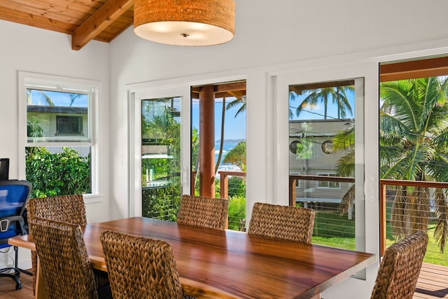 5-7084 Kuhio Hwy, Hanalei, HI 96714 - dining room featuring wood ceiling with exposed beams