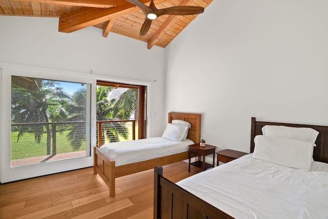 5-7084 Kuhio Hwy, Hanalei, HI 96714 - bedroom with wooden ceiling with exposed beams, light wood finished floors, and high vaulted ceiling