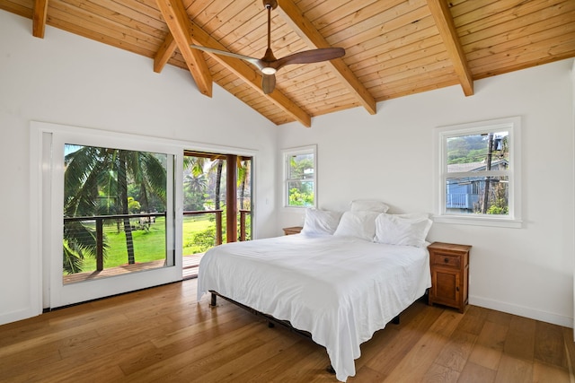 5-7084 Kuhio Hwy, Hanalei, HI 96714 - bedroom with wood ceiling, multiple windows, wood finished floors, access to exterior, and ceiling fan
