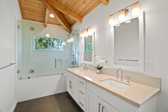 5-7084 Kuhio Hwy, Hanalei, HI 96714 - bathroom with wood ceiling, double vanity, tile patterned flooring, and combined bath / shower with glass door