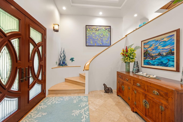 4228-L Waiakalua St Unit B & C, Kilauea, HI 96754 - entrance foyer featuring stairway, recessed lighting, and a tray ceiling