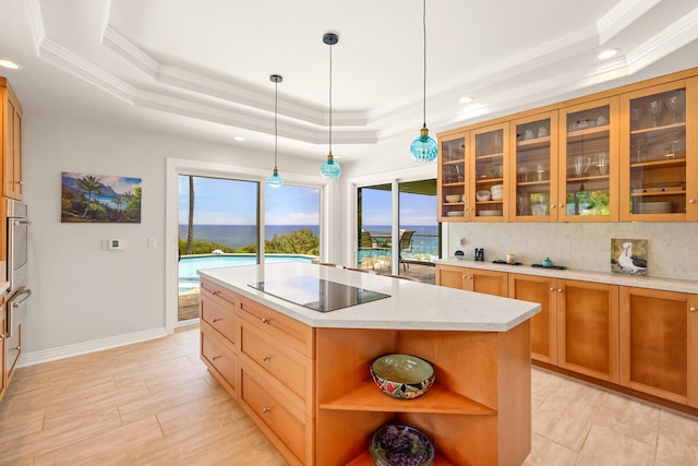 4228-L Waiakalua St Unit B & C, Kilauea, HI 96754 - kitchen with a tray ceiling, black electric stovetop, ornamental molding, recessed lighting, and open shelves