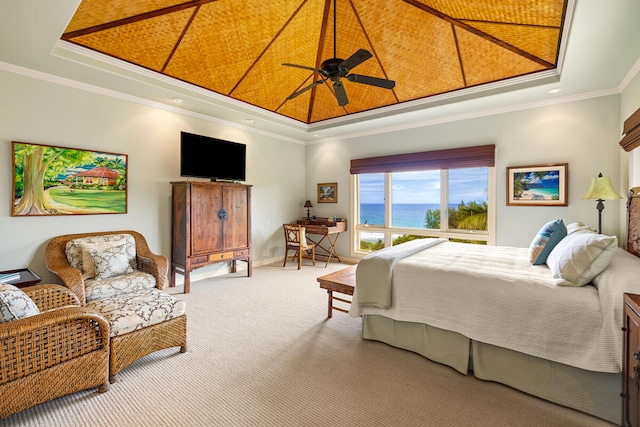 4228-L Waiakalua St Unit B & C, Kilauea, HI 96754 - carpeted bedroom with a tray ceiling, ornamental molding, ceiling fan, and recessed lighting